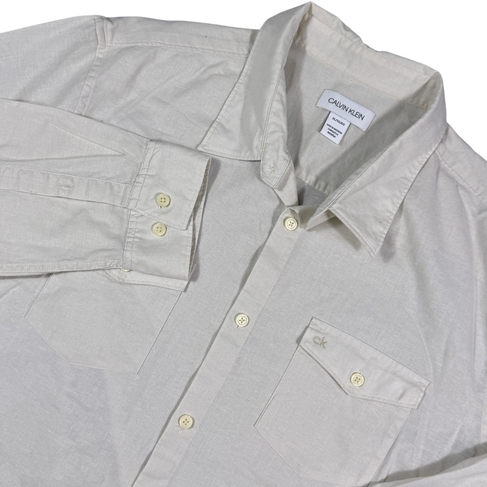 Calvin Klein Mens XL Linen Blend Long‎ Sleeve Button Up Shirt Beige Off-White